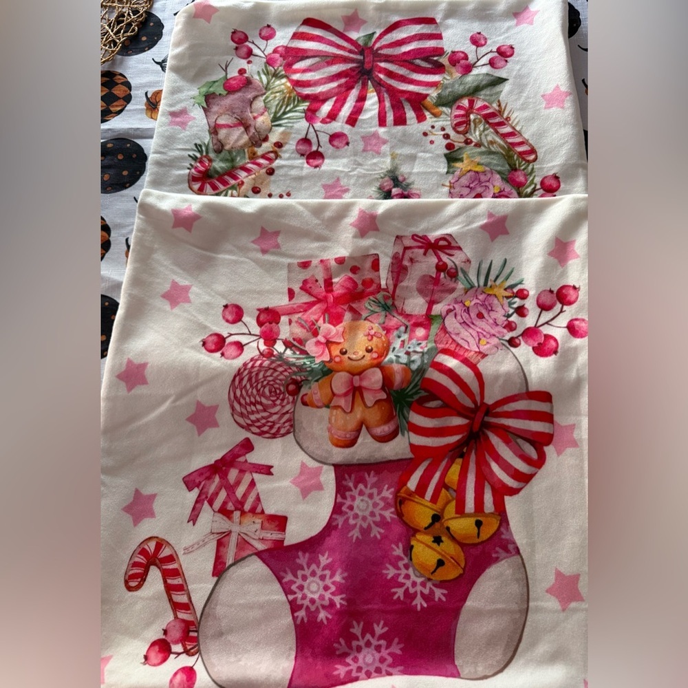 Set of 2 Christmas Pillow Covers 18x18 - Gingerbread Man and Red Bow